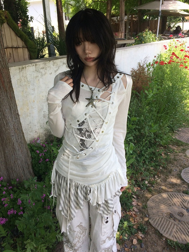 White Asymmetrical Cut Long Sleeve Top with Lace-Up Details - Blazed Field