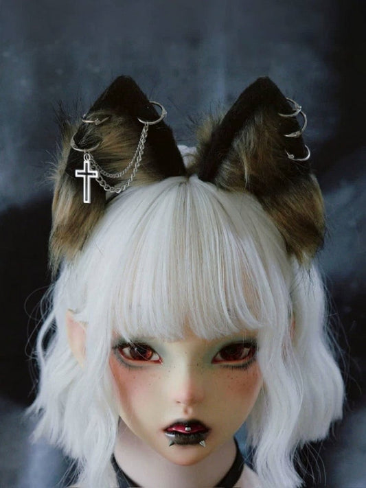 Yellow & Black Gothic Cross Wolf Ear KC with Chain - Strange Sugar