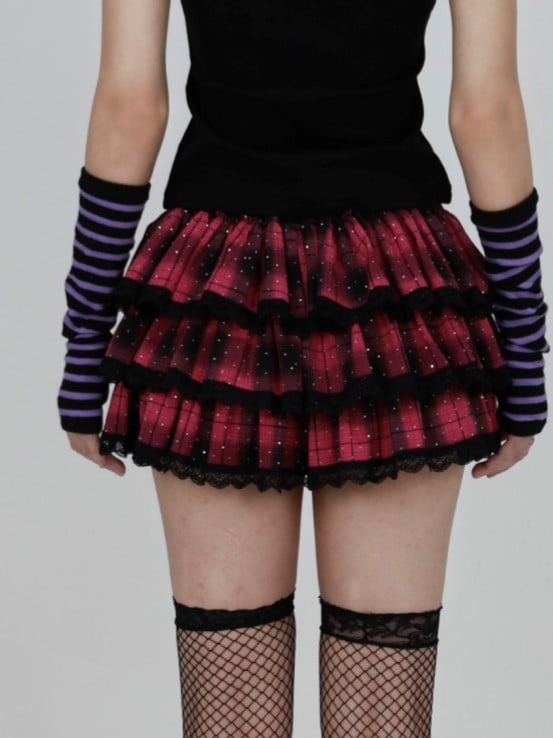 Red Plaid Tiered Skirt with Black Lace Trim and Detachable Bow Accents