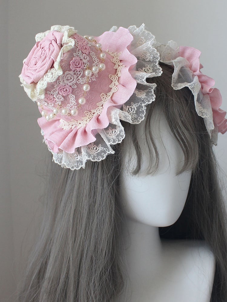 Hut mit Mini-Besatz und Blumenperlen, Blau/Rosa, verzierte Spitze