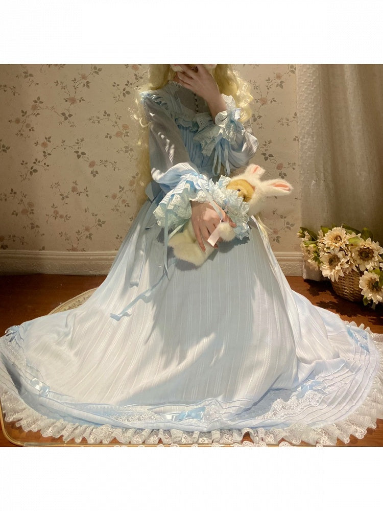 Lace Trim Long Sleeve OP Dress with Ruffles, Blue Lolita Style - Hua Xia Miao