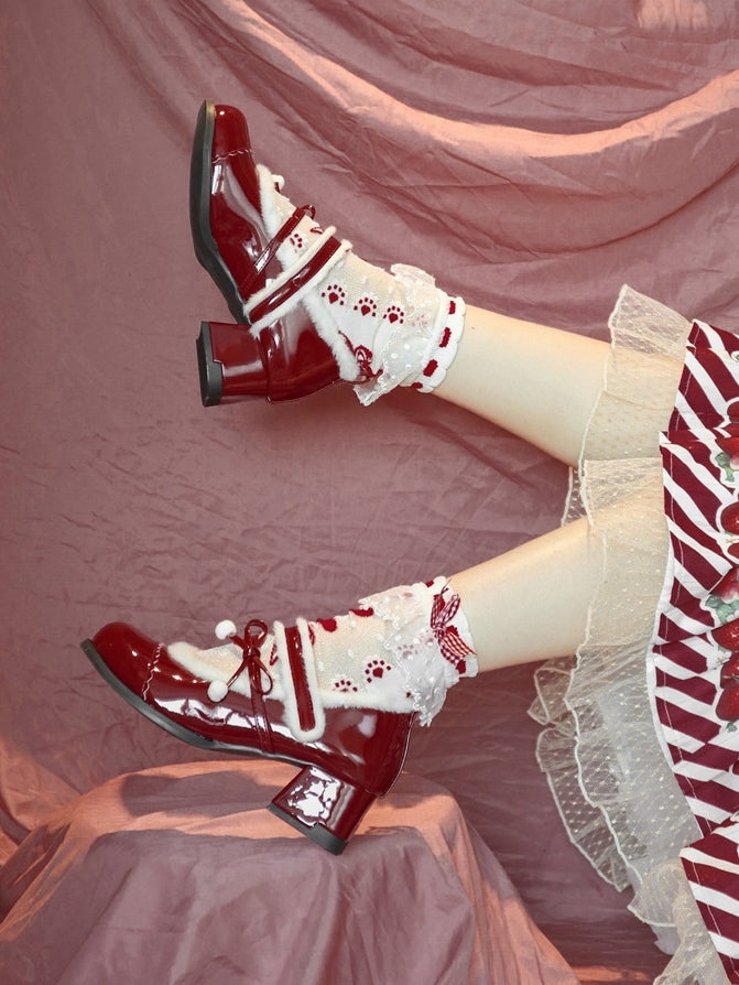 Lining Mary Bow - Sweet Pompom Lolita PU Plush with Wine Janes Mid-heel Accented Red