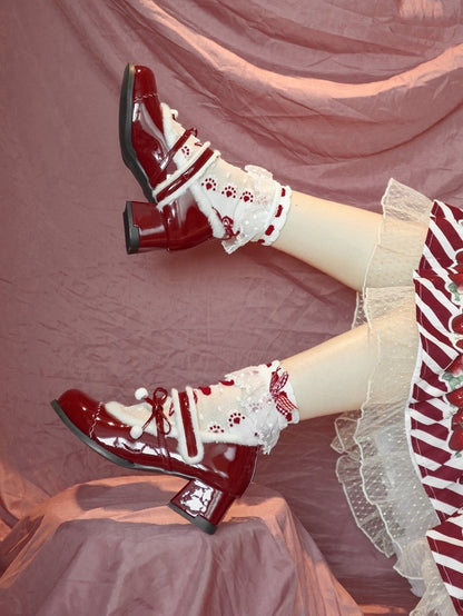 Lining Mary Bow - Sweet Pompom Lolita PU Plush with Wine Janes Mid-heel Accented Red