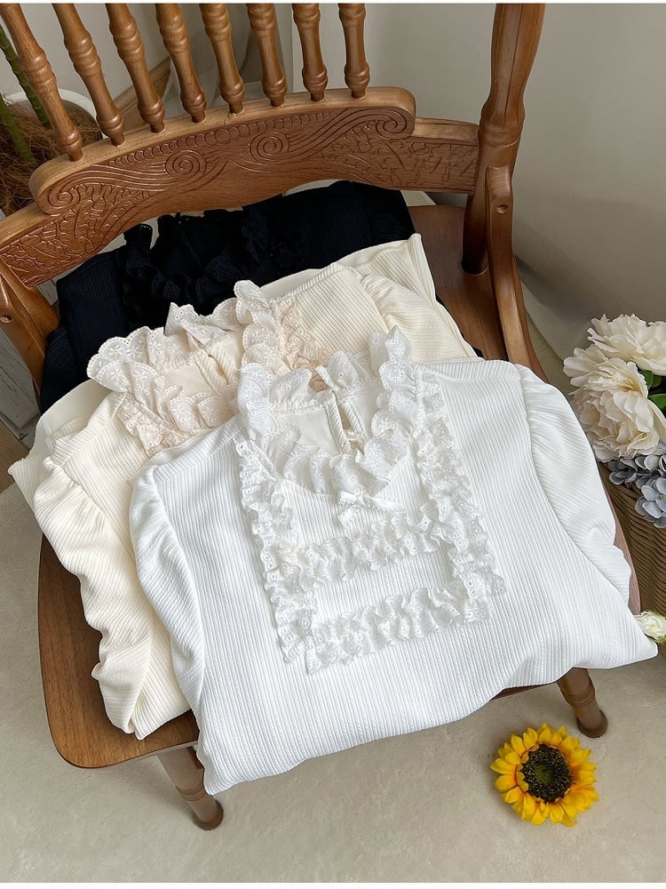 Long Sleeve Lolita Knit Top in White with Stand Collar & Ruffle Detail - With PUJI
