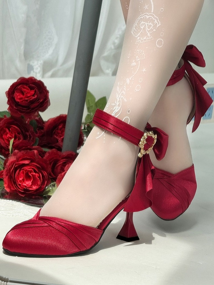 Design Red Classic - Bow Detailing Wine Inspired Sandals Heart Buckle High-heel Lolita