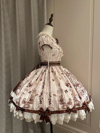 Puff Dress Lolita Print Little Brown Bear with Accents Sleeves Bow Beige Sweet Mini