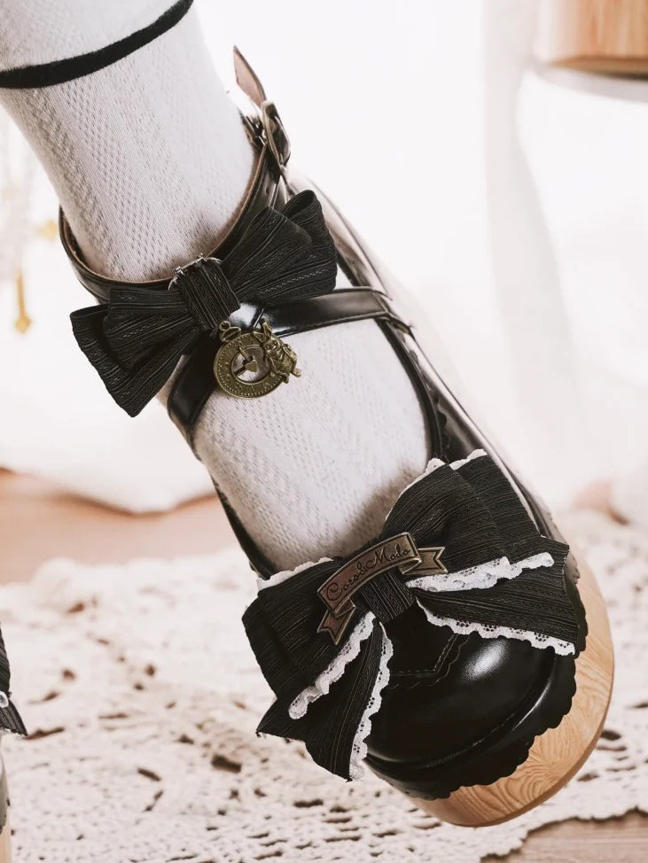 Sweet Toe Bow Charm Clock - Black Round Lolita Platforms Accents