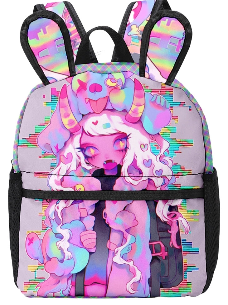 Pink Y2K Backpack with Cartoon Print and Bunny Ear Accents