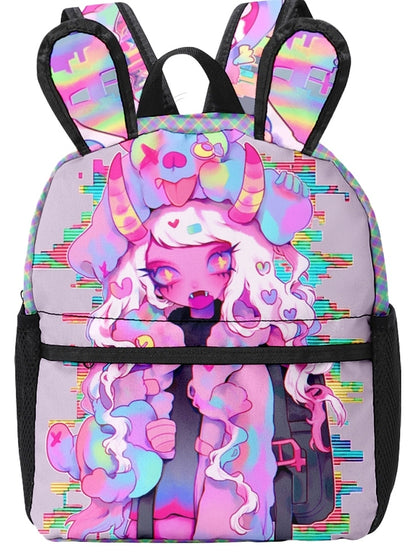 Pink Y2K Backpack with Cartoon Print and Bunny Ear Accents