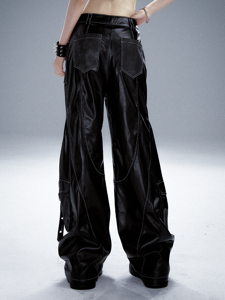 Black PU Punk Cargo Pants With Adjustable Metal Straps
