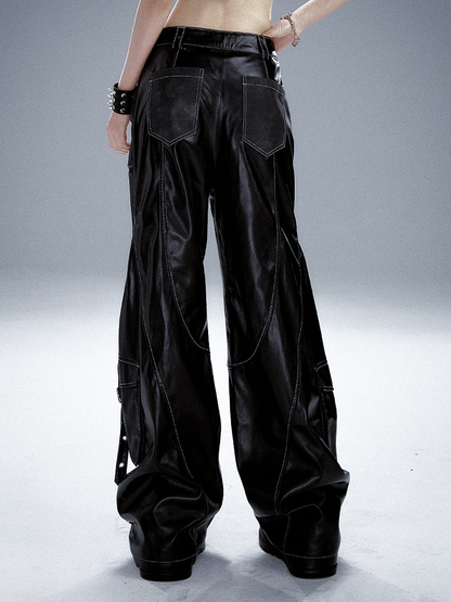 Black PU Punk Cargo Pants With Adjustable Metal Straps