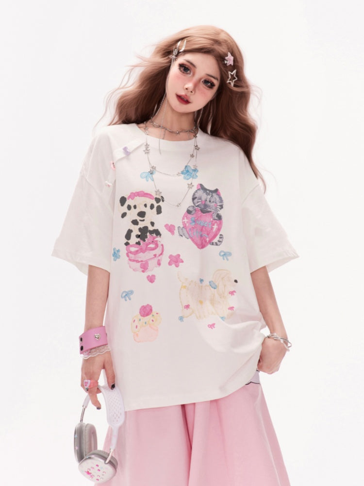 T-Shirt Adorable Animal Print Summer White Round Neck Loose