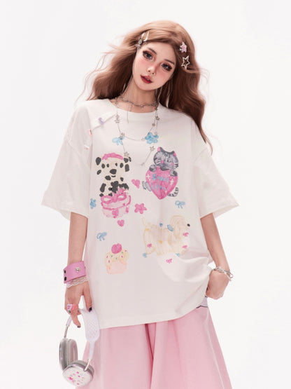 T-Shirt Adorable Animal Print Summer White Round Neck Loose