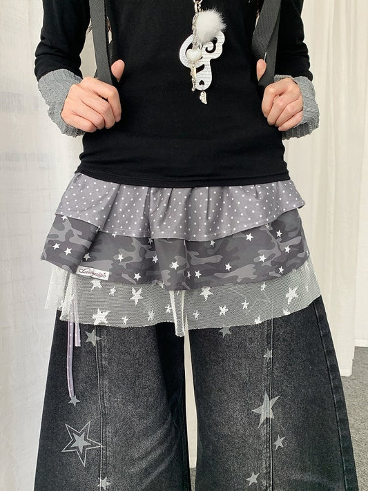 Y2K Panel - Lace Star Design Camouflage Self-tie with Skirt