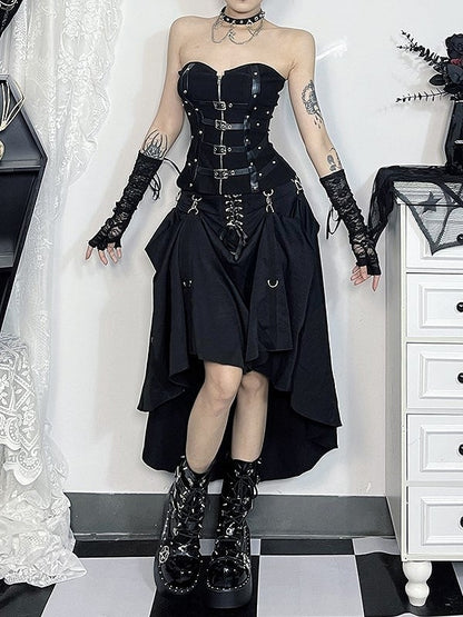 Hook Detail Front Halloween with Midi Skirt Cyberpunk Lace-Up Black Gothic