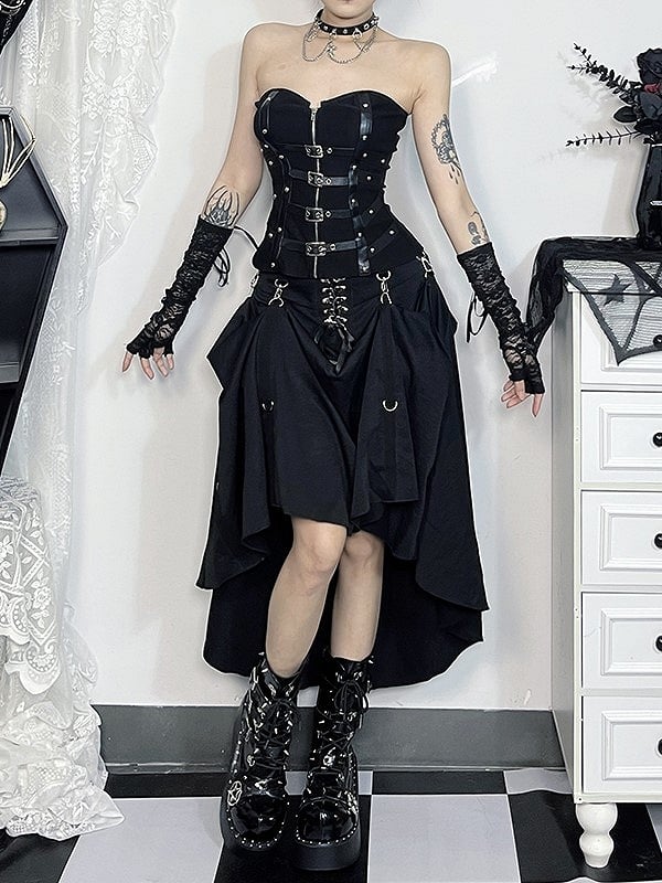 Hook Detail Front Halloween with Midi Skirt Cyberpunk Lace-Up Black Gothic