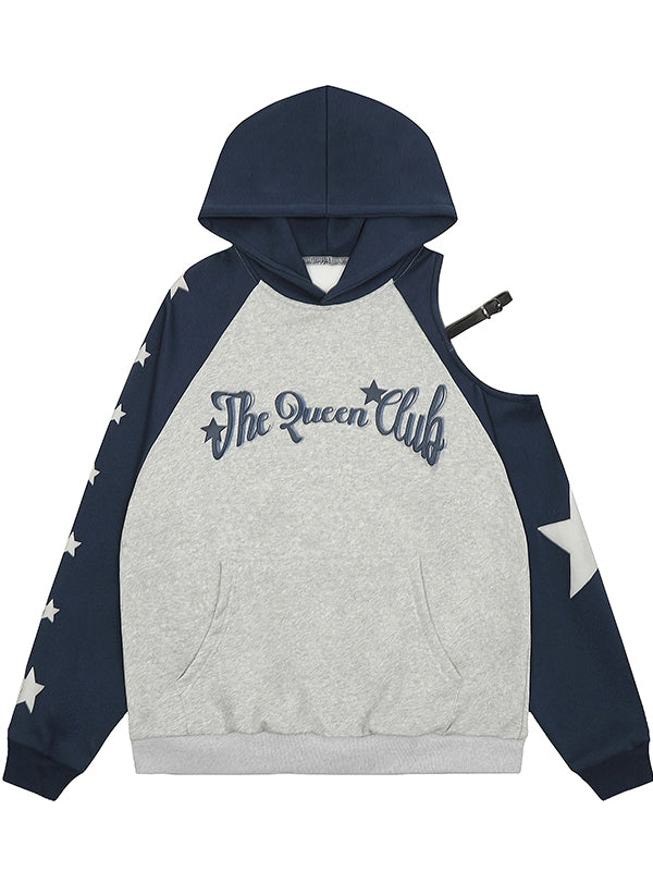 Kapuzenpullover mit Buchstaben-Print und Colorblock-Design und ausgeschnittenen Schultern