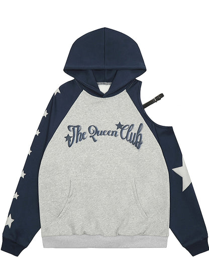 Kapuzenpullover mit Buchstaben-Print und Colorblock-Design und ausgeschnittenen Schultern