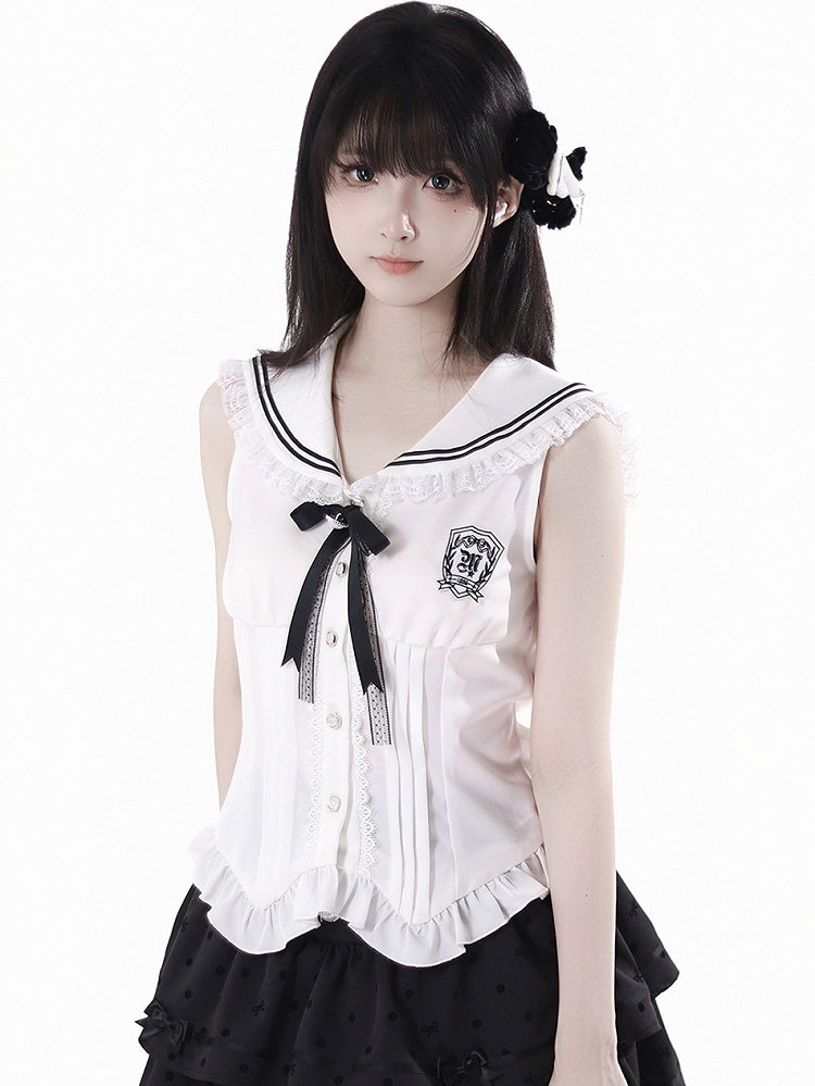 バッジホワイトセーラーカラーカーブヘムノースリーブトップスと取り外し可能な蝶結び付き