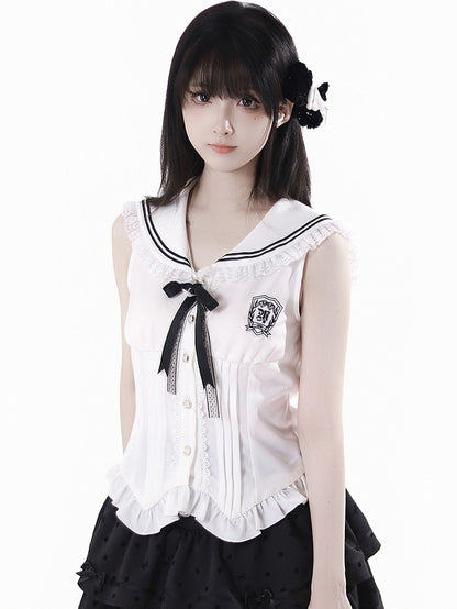 バッジホワイトセーラーカラーカーブヘムノースリーブトップスと取り外し可能な蝶結び付き
