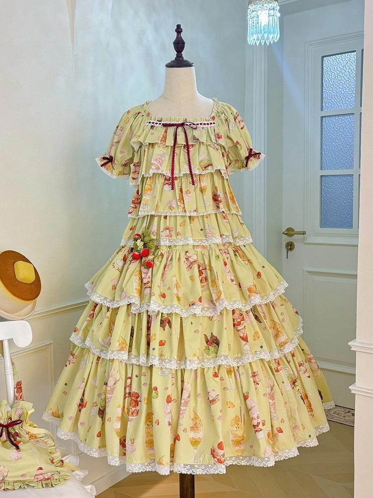 Grünes Print Fruit Summer Parfait Top mit kurzen Ärmeln