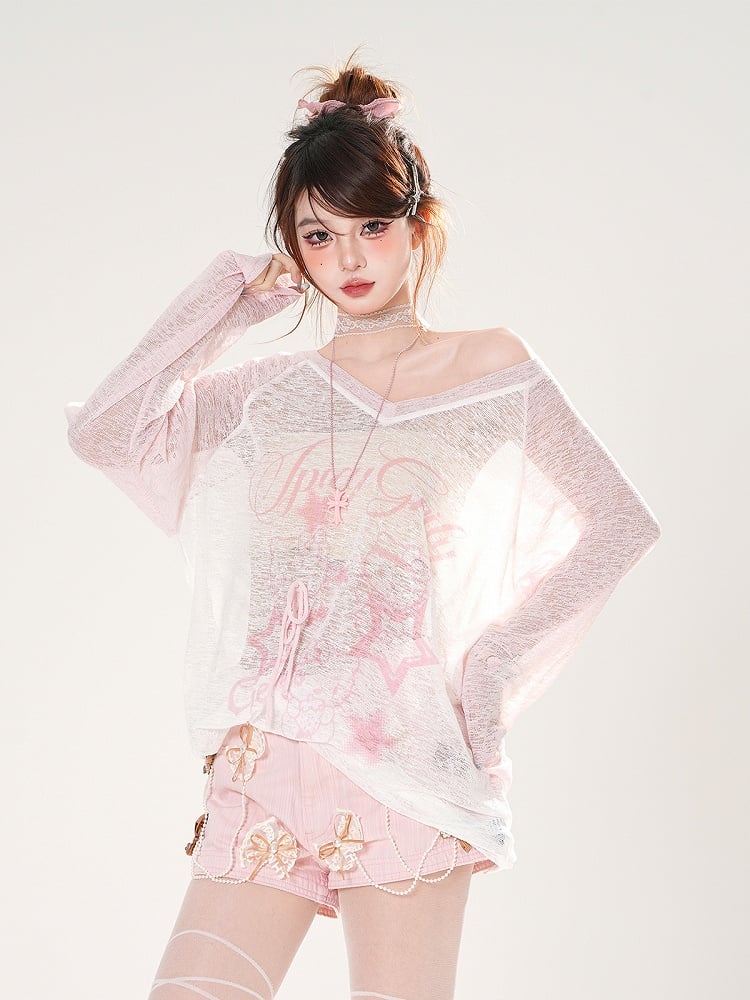 ブルー/ピンクプリントのセミシースルーカバーアップVネックスター