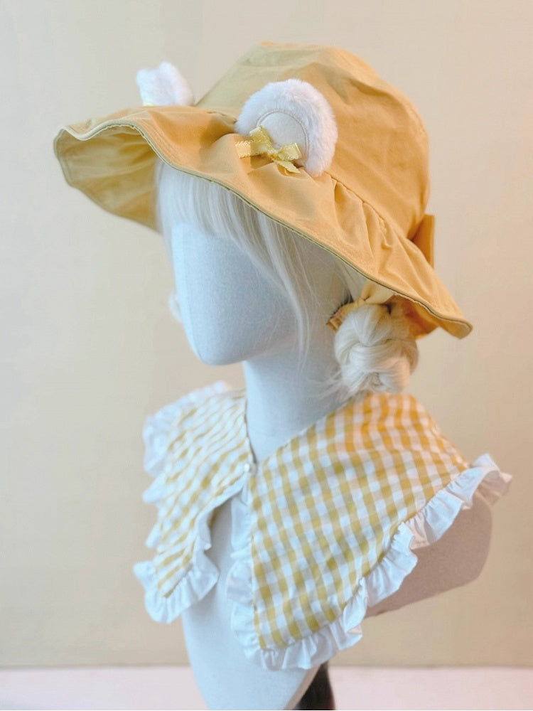 Yellow Cute Hat Ears Plush Bear Accents Bow with