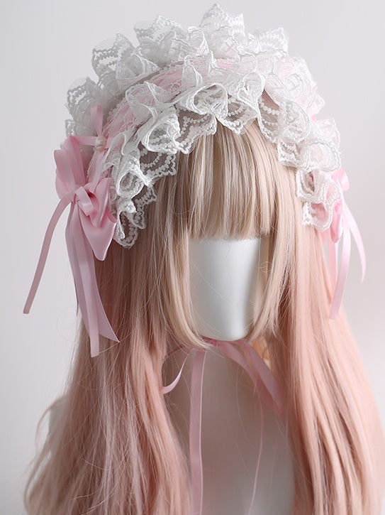 Pink And White Sweet Lolita Lace Trim Bowknot Hairband With Clips