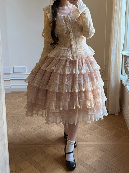 Tulle Details Skirt Beige Elegant Flower Embroidery with Pink Lolita Multi-Layered