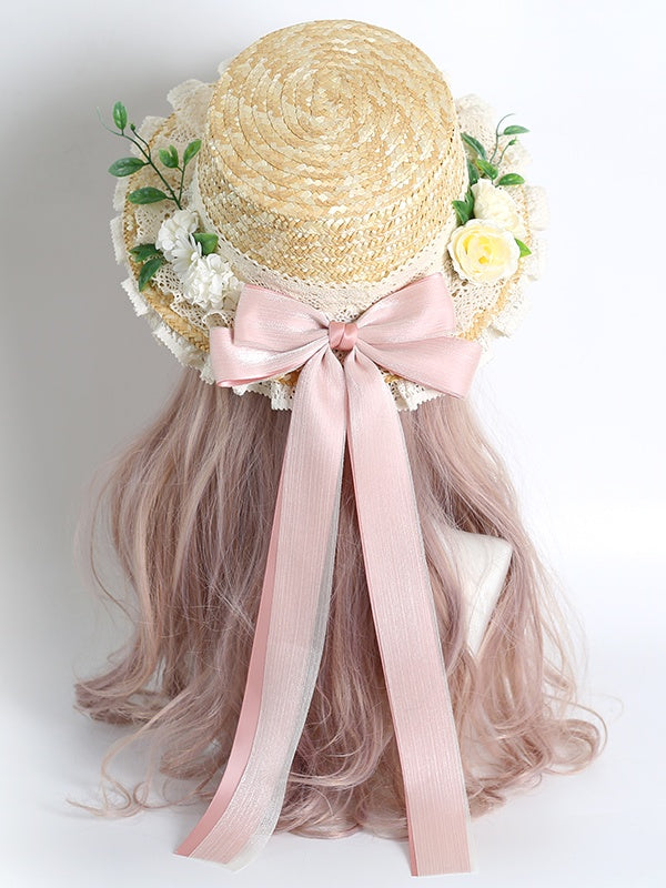 Hydrangea Bowknot Colors Straw Kei Lolita With Hat Lace Detachable Mori 4 Country