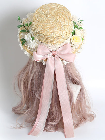 Hydrangea Bowknot Colors Straw Kei Lolita With Hat Lace Detachable Mori 4 Country