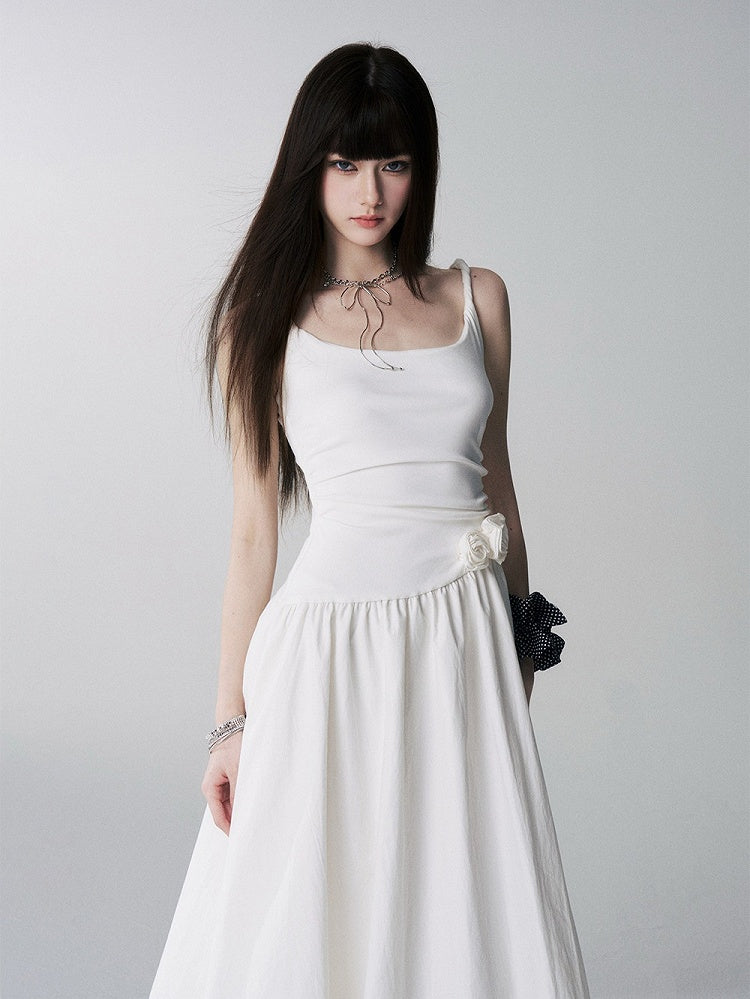 Spaghetti Strap Bubble Dress with 3D Roses in Beige - Lady Ghost