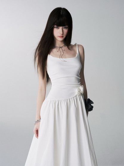 Spaghetti Strap Bubble Dress with 3D Roses in Beige - Lady Ghost
