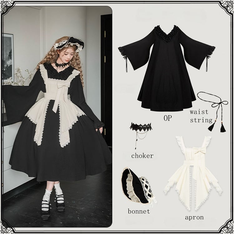 Langes Lolita-Kleid mit schwarzen Ärmeln, volle Rüschenversion, Wa Maid Set, V-Ausschnitt