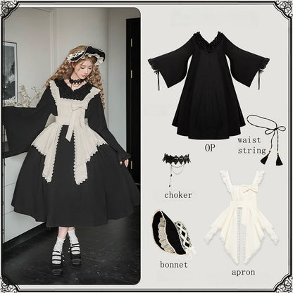 Langes Lolita-Kleid mit schwarzen Ärmeln, volle Rüschenversion, Wa Maid Set, V-Ausschnitt