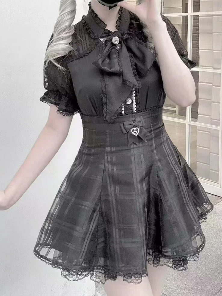 Overlay Kei with Plaid Skirt Back Lace-up and Black Organza Jirai