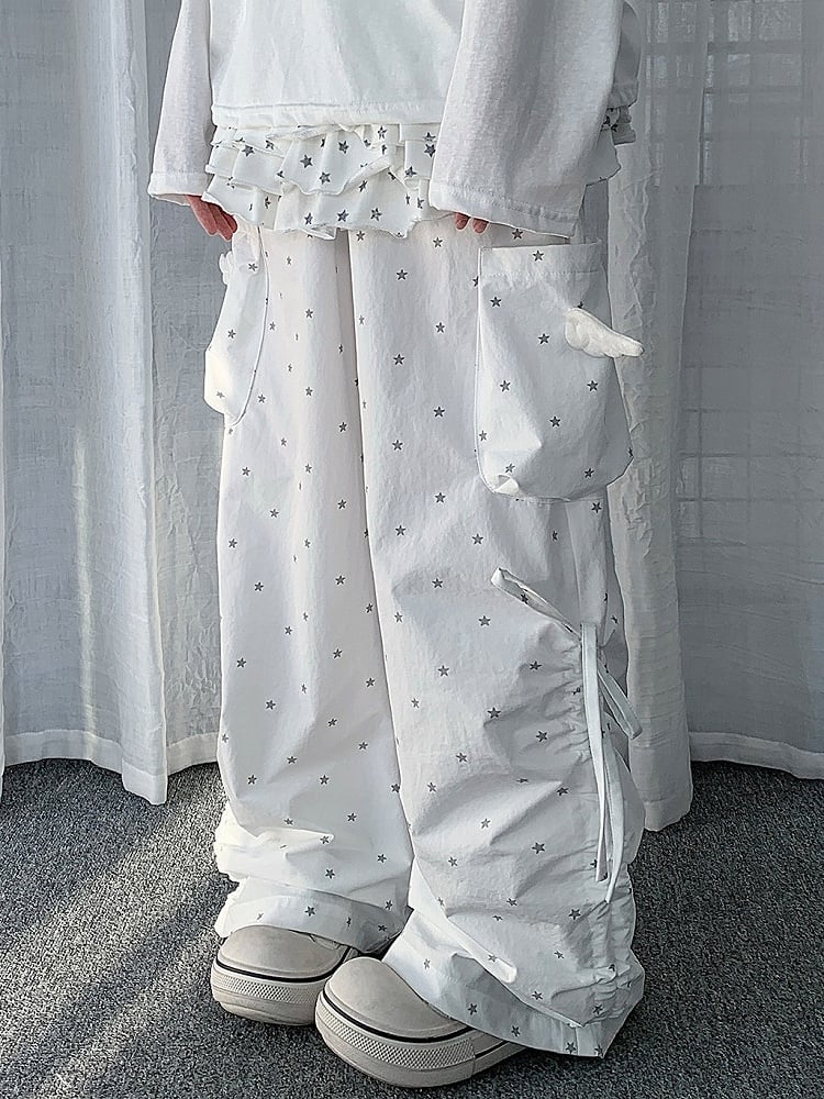 White Star Pattern Drawstring Wide Leg Wing Cargo Pants - Solkatt