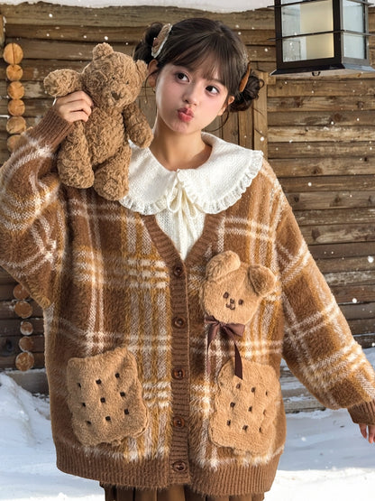 Brown Cute Cookie Bear Adorned Plaid Loose Cardigan
