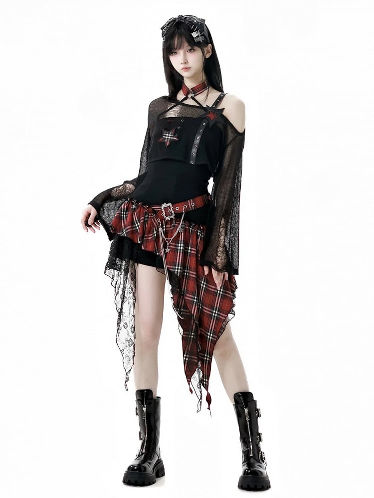 Coverup Schwarz/Grau Stern Distressed Löcher Punk Rock Strap Hohl-Out Cropped