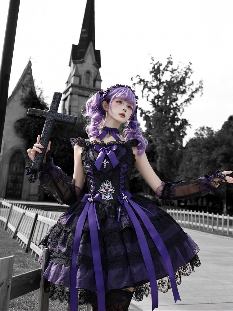 Gothic Lolita JSK Dress with Cross & Spider Details, Layer Lace Trim & Bowknots in Black & Purple - Dream Flower Box