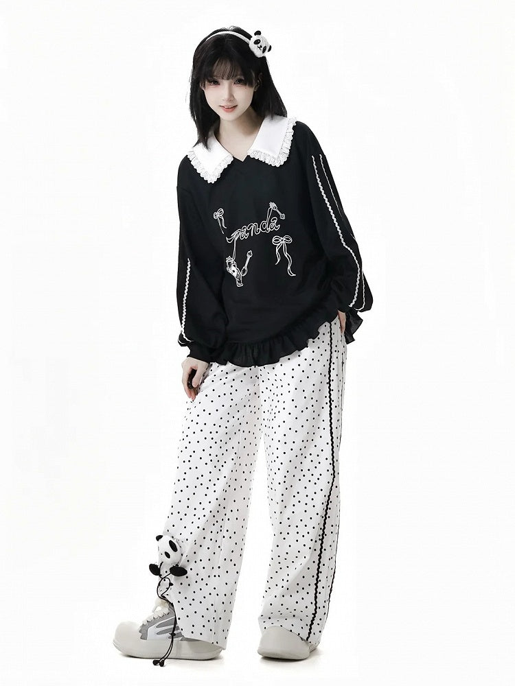 Short/Long Top Sleeves Panda Dessert Print Ruffled Pointed Flat Collar Ruffled Hem Black