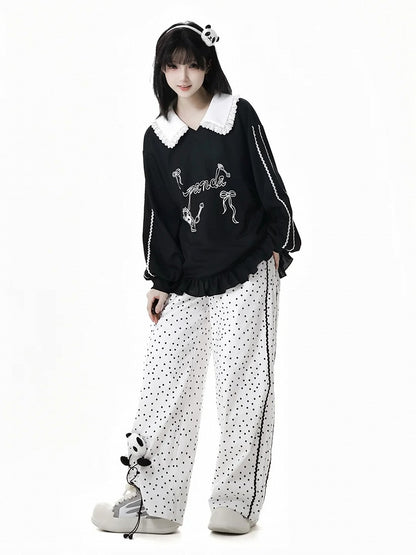 Short/Long Top Sleeves Panda Dessert Print Ruffled Pointed Flat Collar Ruffled Hem Black