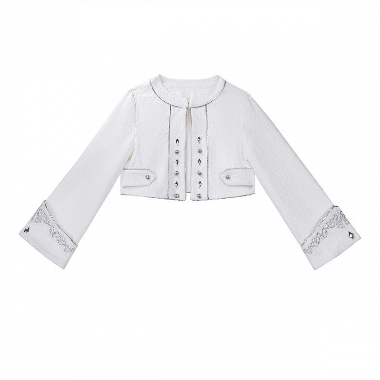 Silver & White Ouji Military Lolita Jacquard Cropped Coat with Embroidered Cuffs - Unknown Star