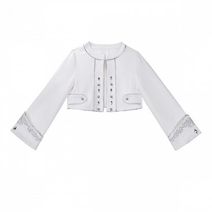 Silver & White Ouji Military Lolita Jacquard Cropped Coat with Embroidered Cuffs - Unknown Star