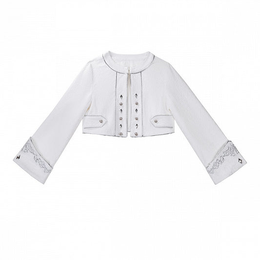 Silver & White Ouji Military Lolita Jacquard Cropped Coat with Embroidered Cuffs - Unknown Star