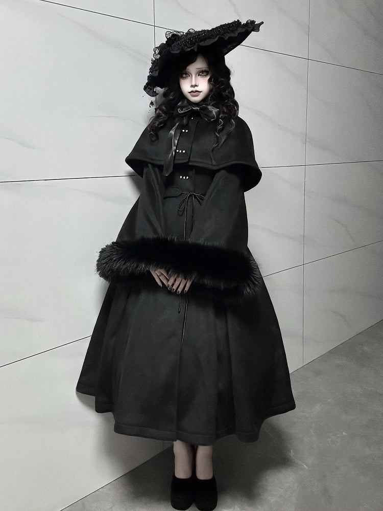 Gothic High and Cape Collar Black Lolita Woolen Furry with Detachable Coat Cuffs Winter