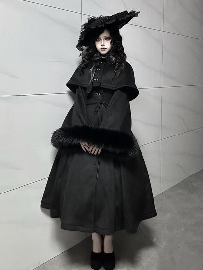 Gothic High and Cape Collar Black Lolita Woolen Furry with Detachable Coat Cuffs Winter
