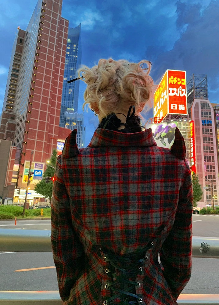 Devil with Wool Lace-up Red and Nautical Horn Coat Plaid Back Accents