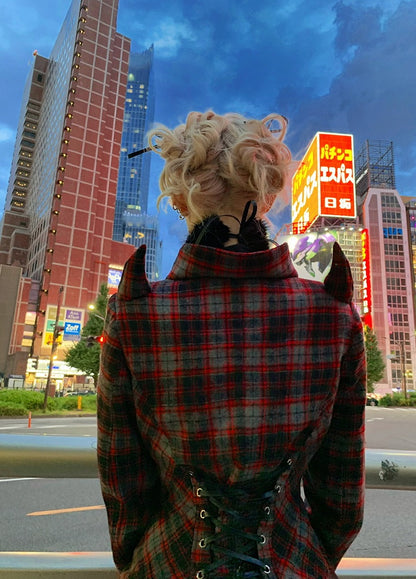 Devil with Wool Lace-up Red and Nautical Horn Coat Plaid Back Accents