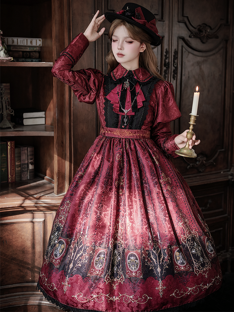 Red Dress with Lolita Wings Print Bat Gothic Candelabras Juliette Sleeves